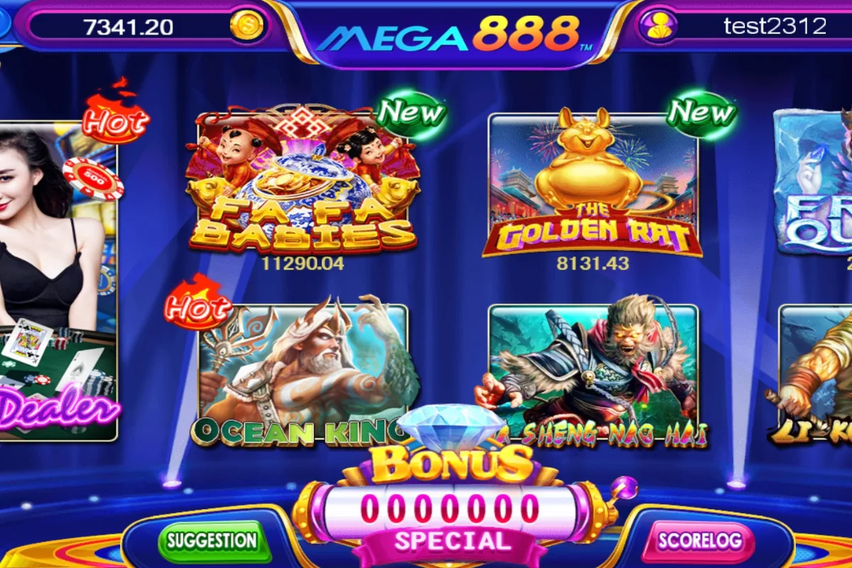 Mega APK lobby screen showing account area and game categories