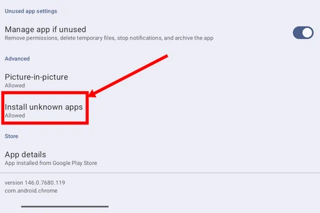 Android settings screen showing Install unknown apps permission